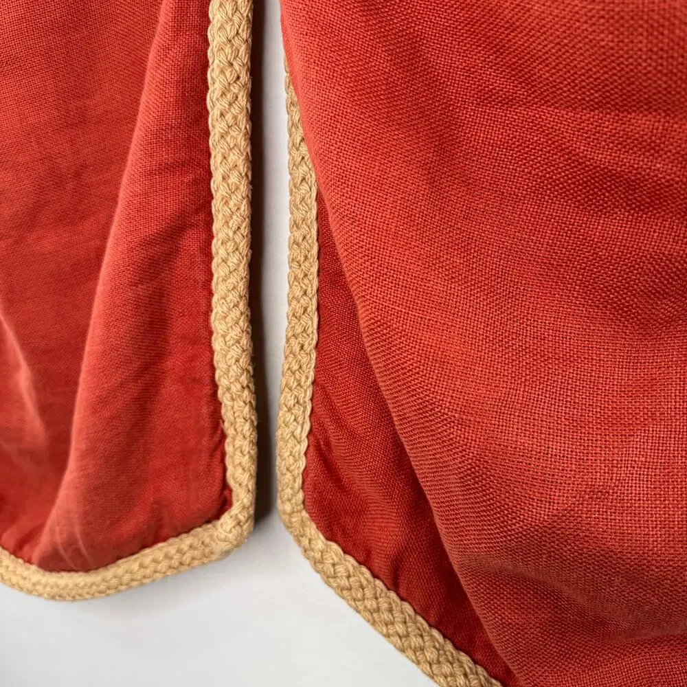 Set of 2 POTTERY BARN Orange Beige Pillow Cases Linen Jute Braided Trim Square